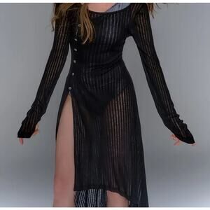 NWOT Women's Black Asymmetrical Knitted Side Slit Button Up Dress Sheer Size L